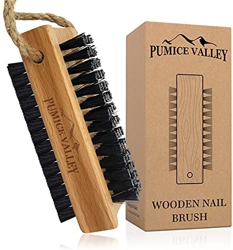 Wooden Cleaning Finger Nail Brush with Nylon Charcoal Bristles & Hanging Rope - Double-Sided Fingernail Brush for Scrubbing Fingernails and Toes (Beechwood)