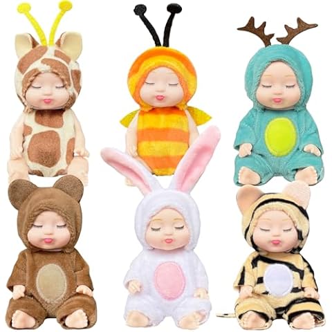 Woozettn 6 Pcs Mini Baby Dolls,4 Inch Realistic Small Baby Doll Toys with Animal Clothes,Cute Tiny Babies Gifts for Girls Kids Baby Shower Easter Basket Valentine Cover