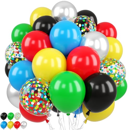 Image of Red Yellow Blue Green Balloon, 50PCS 12Inch Multicolor Balloons with Black Red Blue Yellow Green Silver Ballons and Colorful Confetti Ballon for Birthday,Game Themed Party Supplies