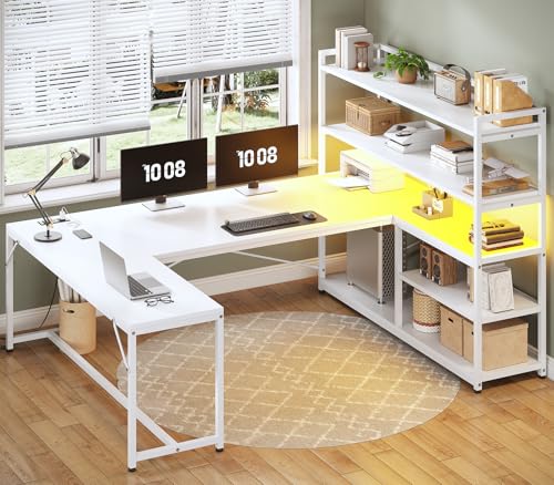 SEDETA L Shaped Computer Desk, 63” Reversible Office Desk or Corner Desk with Storage Shelves, White Gaming Desk with LED Lights, Power Outlet