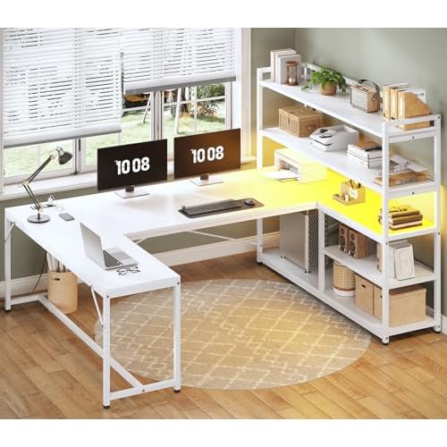 SEDETA L Shaped Computer Desk, 63” Reversible Office Desk or Corner Desk with Storage Shelves, White Gaming Desk with LED Lights, Power Outlet White
