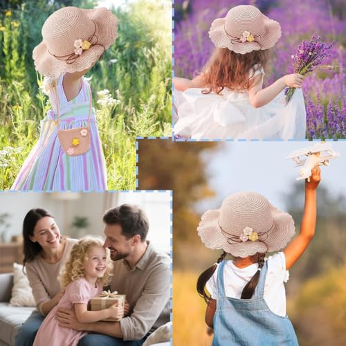 Strohhut und Kleine Tasche Set, Mädchen Kinder Sommer Sonnenhut Sonnenhüte mit Blumendekoration für den Urlaub Reise Outdoor-Aktivitäten Reisehut Sonnenhut für den Urlaub Reise (A-Pink)
