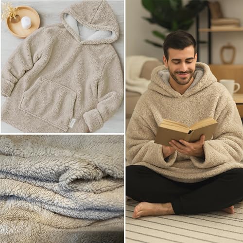 CalmyLIFE Hoodie Decke mit Ärmeln - Sherpa Wende Deckenpullover Oversize Kuscheldecke zum anziehen Kuschelponcho für Damen Herren XXL Poncho Blanket Pullover (Beige/Weiss)