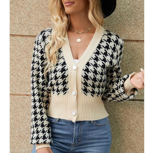 Sexybody Women' s Cropped Cardigan Sweaters Button Down Houndstooth V Neck Long Sleeve Open Front Knit Sweater Jacket Tops3