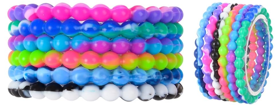 Tie Dye Bead Rubber Bracelets, 12 Pack , 8 Inch Rainbow Rubber Bracelets for Kids Adults, Colorful Beads for Party Favor Gift