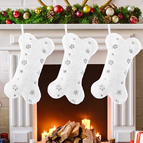 Waarms 3 Pack Snowy White Dog Christmas Stockings, Silver Snowflake Sequin Plush Pet Dog Christmas Stockings Bone Shape Faux Fur, Large Personalized Hanging Stocking For Dogs Pets Xmas Holiday Decor #TOP26