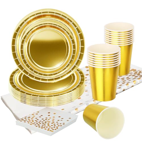 69 piezas de vajilla dorada metálica, vajilla de fiesta dorada brillante, platos de papel dorado metálico, tazas, servilletas y mantel para ella, suministros de fiesta de cumpleaños, decoración de