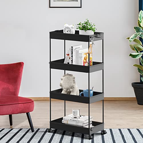 Image of SPACELEAD 4 Tier Rolling Cart with Wheels, Storage Craft Art Trolley Organizer Serving, 3 Hanging Baskets Easy Assembly, for Office, Living Room, Kitchen