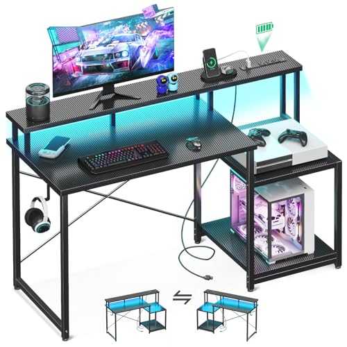 AODK Computer Desk, 48 Inch Gaming Desk with Led Lights & Power Outlet, Office Desk with Printer Storage Shelves, Reversible Desk with Monitor Shelf & Headphone Hook, Carbon Fiber Black