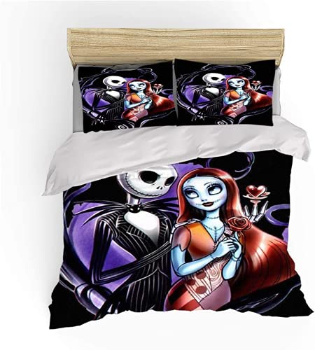 Ankeyoo Set Copripiumino Natalizio 3 Pezzi - Motivo Jack E Sally Rose, Microfibra, Completo Singolo (173x218 Cm)