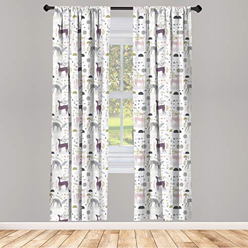 Ambesonne Forest Curtains, Enchanted Woodland Creatures Deer With Curved Antlers Foliage Dotted Rocks Pattern, Window Treatments 2 Panel Set For Living Room Bedroom, Pair Of - 28" X 63", Pink Purple #TOP1