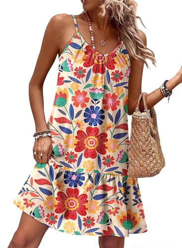 Image of Dokotoo Summer Dresses for Women 2026 Spaghetti Strap Sexy Deep V Neck Smocked Ruffle Flowy Boho Dresses