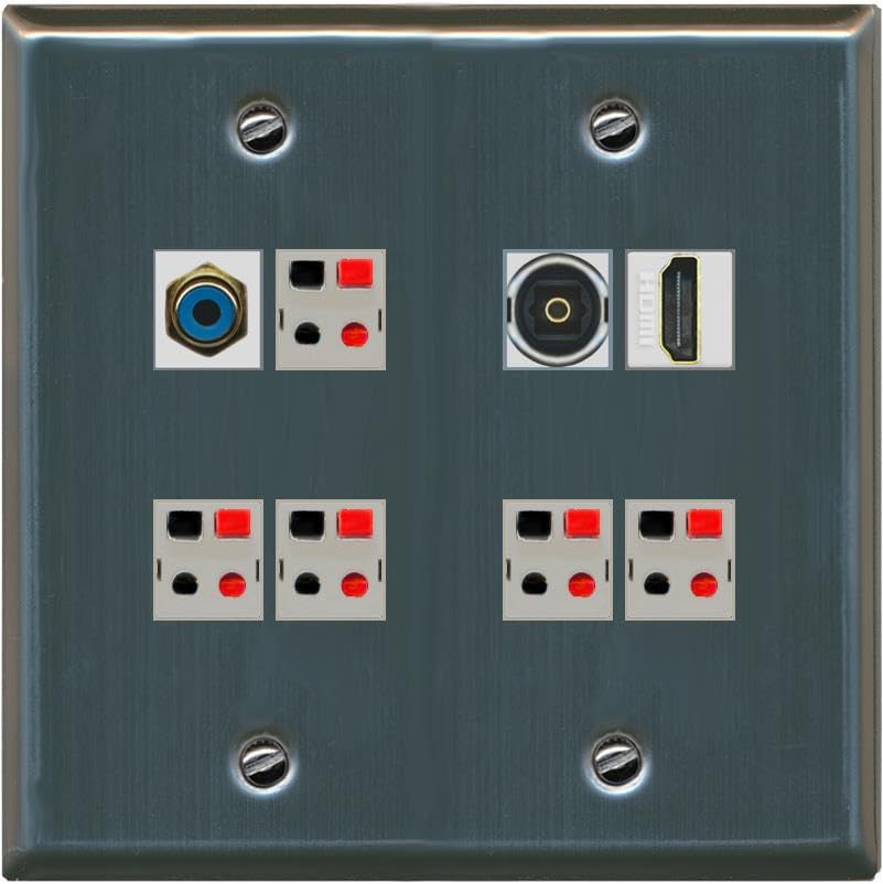 2 Gang Spring Clip Style 5.1 Speaker Wall Plate With 1 Port HDMI TOSLINK RCA Connectors - Flat 2 Gang [Brown/Brown]