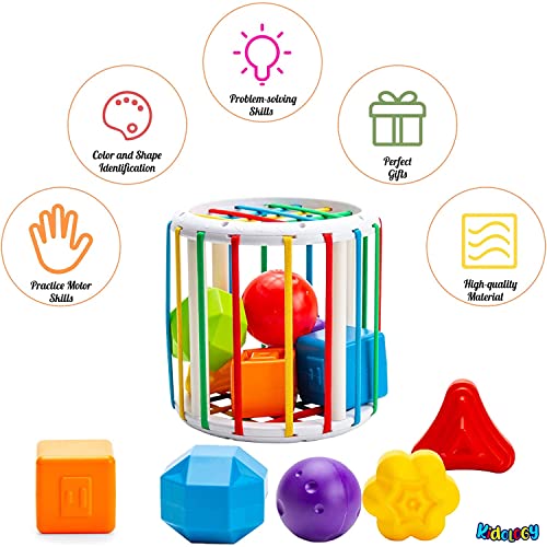 Image of Kidology Baby Cylindrical Shape Sorting Toy | Montessori Sensory Toys with 6 Blocks Colorful Cube | Shape Sorting Bin with Elastic Bands Fine Motor Skill Early Learning Preschool Educational