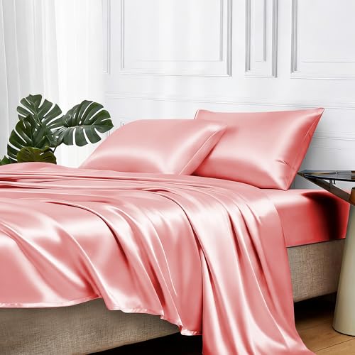Image of MR&HM Satin Bed Sheets, Queen Size Sheets Set, 4 Pcs Silky Bedding Set with 15 Inches Deep Pocket for Mattress (Queen, Blush)