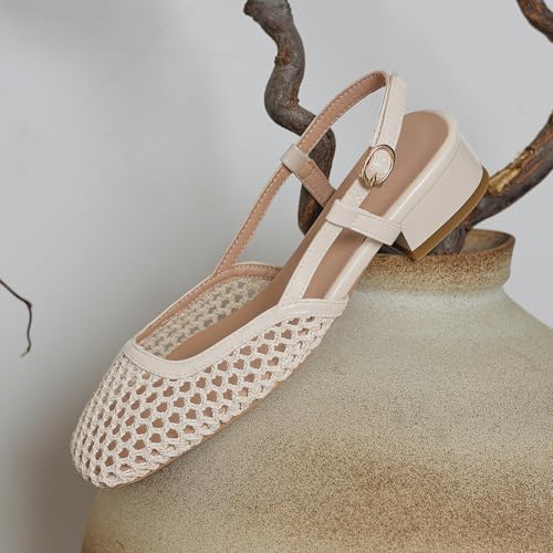 Cozivwaiy Women Mesh Slingback Flat Low Heel Square Toe Adjustable Buckle Comfortable Dress Shoes2