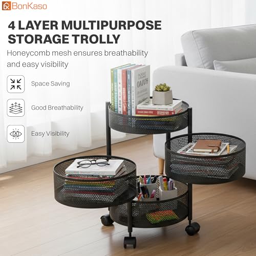 Image of BonKaso 4-Layer Round Multipurpose Kitchen Trolley with Swivel Storage Basket & 360 Rotating Wheels, Black Steel Frame, Easy Mobility, Space-Saving and Durable