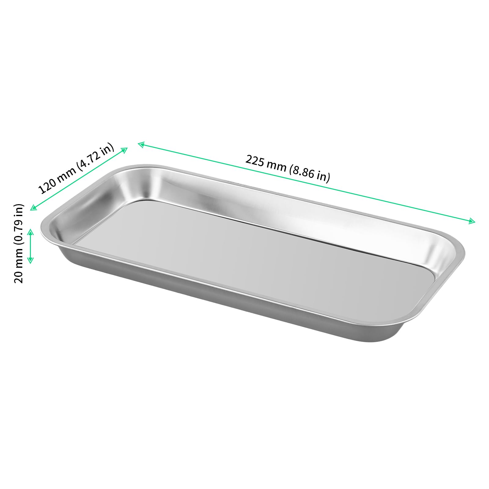 FUNSUEI Lot de 12 plateaux médicaux rectangulaires en acier inoxydable pour instruments de laboratoire 22,5 x 12 x 2 cm