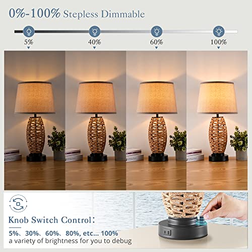Lediary Coastal Rattan Table Lamp With Ac Outlet And 2 Usb Ports, 0-100% Dimmable Wicker Lamps For Bedrooms, Farmhouse Boho Lamps For Beachy Living Room, 2200K Bulbs Included #TOP2