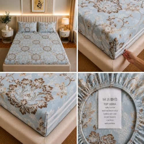 Image of Castiqa Elastic Fitted Supersoft Premium Polycotton 200TC King Size Bedsheets with 2 Pillow Covers (Fits Upto Mattress of 8Inches) (Sky, Full 72x78x8Inch)