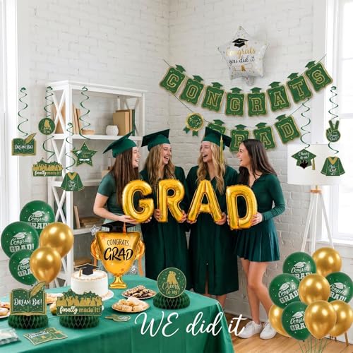 Image of Green Gold Balloons GRAD Print Balloons with Banner Table Honeycomb Centerpieces Hanging Swirl trophy star GRAD Letters Mylar Balloons for 2026 graduate Prom Decorations