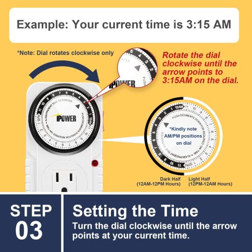 Ipower 24 Hour Plug-In Mechanical Timer, Timer For Electrical Outlets Grounded Aquarium, Grow Light, Hydroponics, Pets, Home, Kitchen, Office, Appliances, 125Vac, 60 Hz, 1725W, 15A, 1/2Hp,1Pack #TOP3