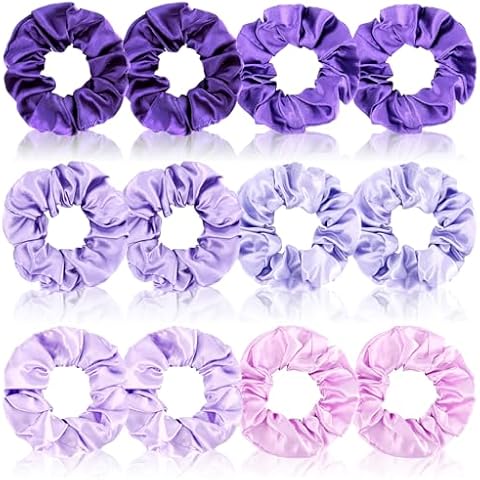 Cubaco 12 Pieces Satin Hair Scrunchies Elastic Hair Bobbles Scrunchy Hair Ties Ponytail Holder Hair Ties, Purple Lovers Cover