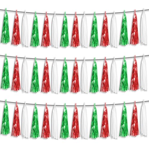 3P Red Green White Foil Fringe Metallic Tassel Streamers Banner Tassel Garland for Parade Floats, Graduation, Wedding, Birthday, Halloween, Christmas, Mexican Italian Birthday Party Decorations