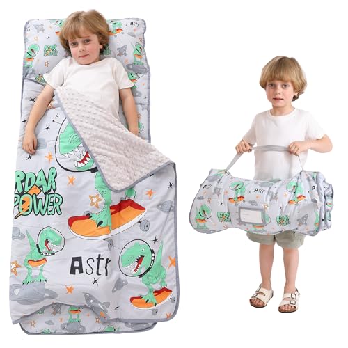 Image of Viviland Toddler Kid Nap Mat for Preschool, Grey Dinosaur Slumber Bag, Daycare Bag with Pillow and Blanket, Kindergarten Mat