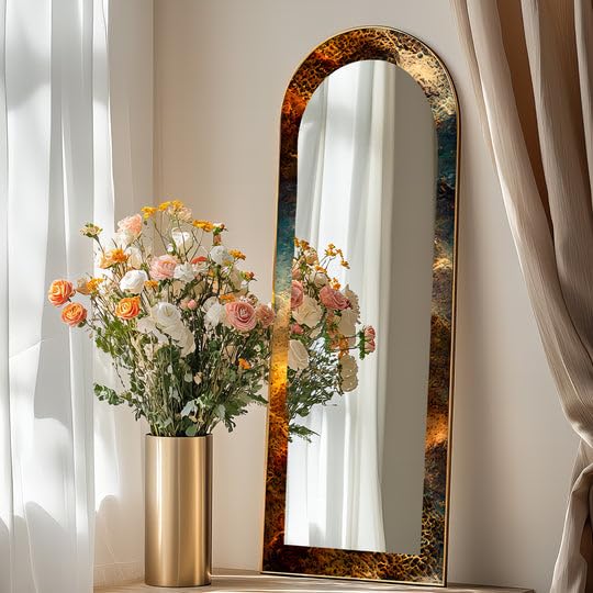 23,5''W x 167''H Stampa Texture Rame fuso - Specchio da pavimento astratto ad arco a tutta lunghezza - Specchio da pavimento macchiato a corpo intero con cornice nera con cornice