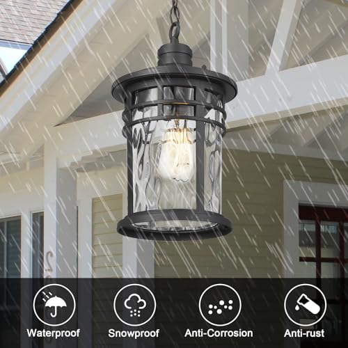 Image of Darkaway Large Outdoor Pendant Lights for Porch, 15inch Outdoor Chandelier Hanging Porch Lights Outside Ceiling Mount Aluminum with Water Ripple Glass for Front Porch Gazebo Patio