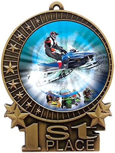 Express Medals 1 to 50 Packs - 3" Snow Mobile Machine 1st Place Gold Medal with Neck Ribbon Award XMDMY4