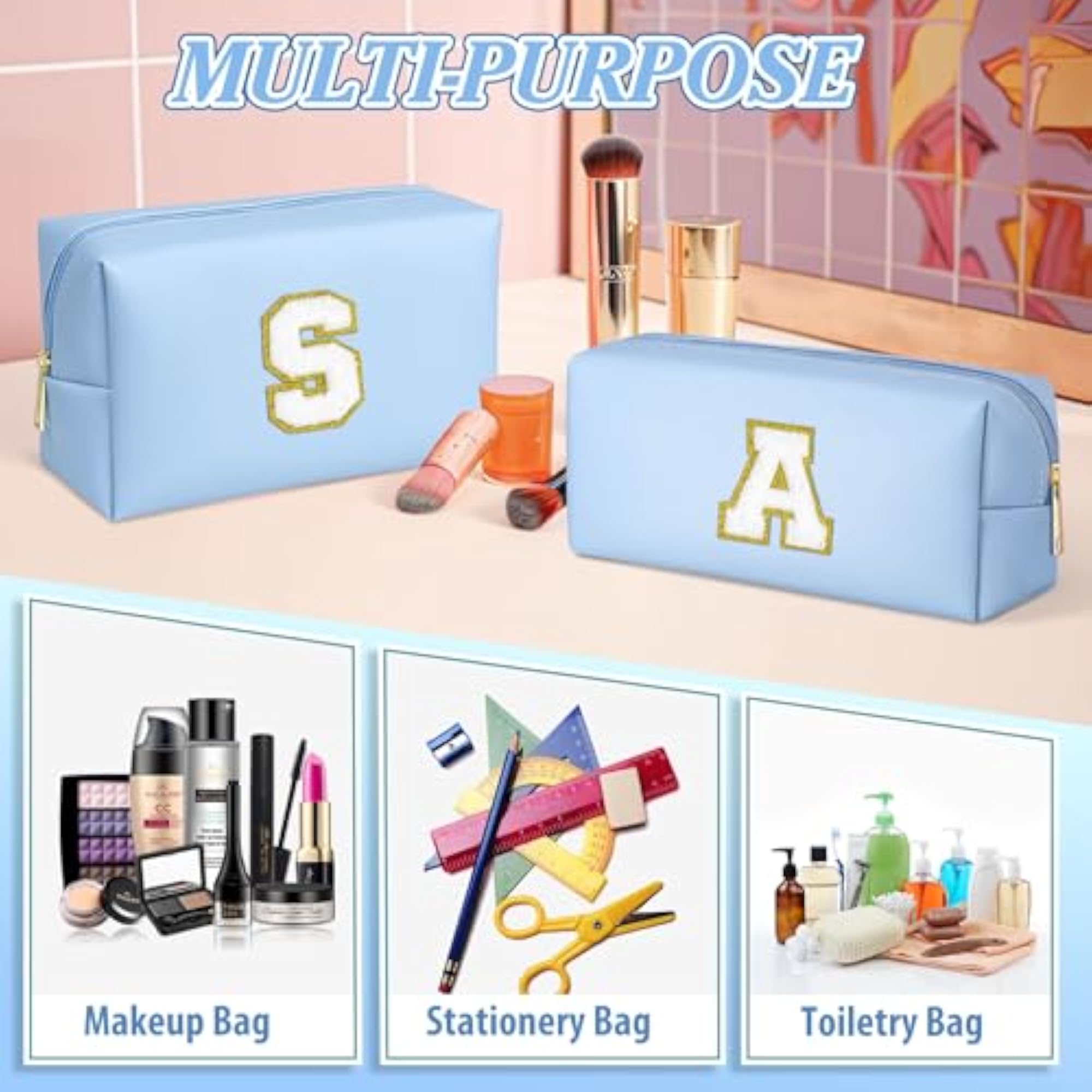Personalized Initial Makeup Bag, Waterproof Travel Organizer