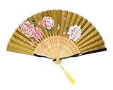 Länge: 20,50 cm. Japanischer Bambus- und Satinventilator. Pfingstrosenmuster, gelb-braune Farbe.