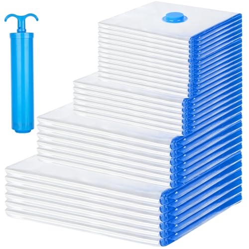 30 Pack Vacuum Storage Bags with Hand Pump, 6Jumbo/ 6Large/ 6Medium/ 6Small/ 6Roll Compression Space Saver Vacuum Seal Bags for Clothing Travel Luggage Comforters Blankets Pillows Bedding
