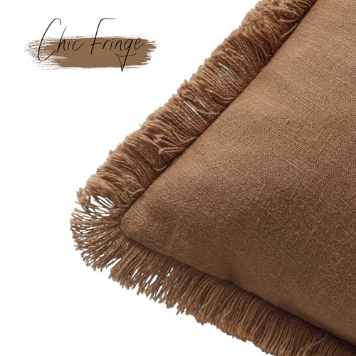 Image of Foindtower Set of 2 Decorative Linen Fringe Throw Pillow Covers Boho Farmhouse Cushion Cover with Tassels Soft Accent Pillowcase for Couch Sofa Bed Living Room Home Decor,18x18 Inch,Orange Brown