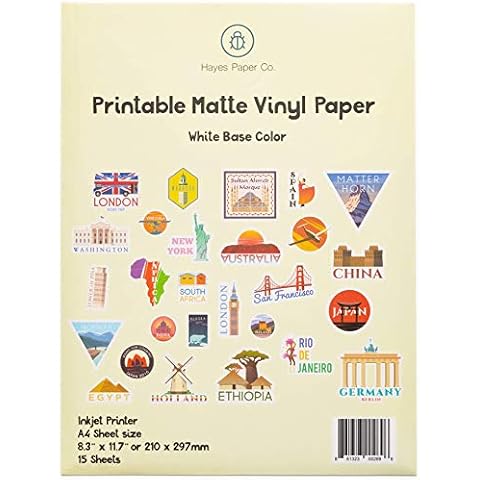 Hayes Paper Co. Printable Vinyl Sticker Paper for Printer - A4 Sticker Sheets for Printing - Matte Sticker Paper, Waterproof Inkjet Printing Paper in Matte White (15 Sheets) Cover