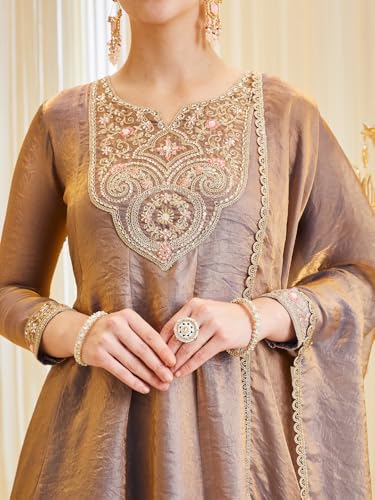 Image of MOKOSH Women's Silk Anarkali Kurta Palazzo with Dupatta | Anarkali Kurti Set | Embroidered | Sweetheart Neck Full Sleeve Ethnic Suit | 3 Piece Outfit