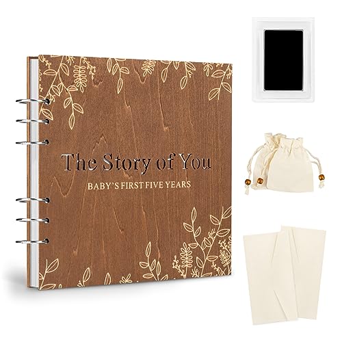 Creawoo Wooden Baby Memory Book Set Baby's First 5 Years Milestone Journal Book, Baby Record Diary Scrapbook, Baby Shower Keepsake Gift Box for New Mums Dads (Included Ink Pad/Souvenir Bags/Envelopes)