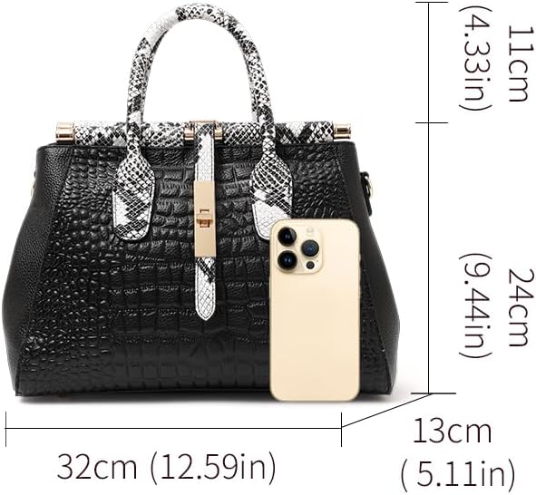 Genuine Leather Crocodile Print Handbag - Large Capacity, Detachable Strap, Color-blocked, Women's Cross-body Tote - Image 3
