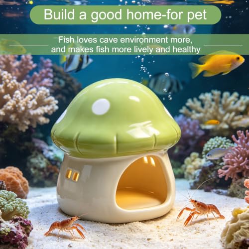 Image of Ceramics Mushroom House Aquarium Decor, Betta Fish Tank Accessories Landscape Decoration, Small Shrimp Goldfishes Habitat Hut Pleco Smalland Breeding Hide Caves Toad House - Green