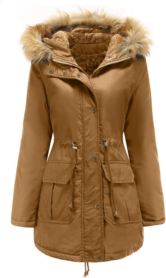 Mmoneyake Women's Quilted Winter Coat Hooded Warm Fleece Lined Parka Thicken Puffer Jacket Drawstring Long Outwear Oversize