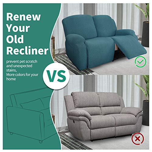 Image of YEMYHOM 6 Pieces Stretch Loveseat Recliner Slipcover Jacquard Recliner Sofa Cover with Side Pocket Fitted Recliner Cover Couch Furniture Protector with Elastic Bottom (Medium, Peacock Blue)