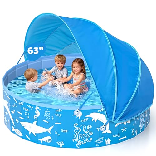 Kiddie Pool with Canopy, 63” Foldable Baby & Toddler Pool with UPF 50+ Sunshade, EPN BPA-Free Thick PVC Portable Kids Pool for Outdoor Backyard & Be