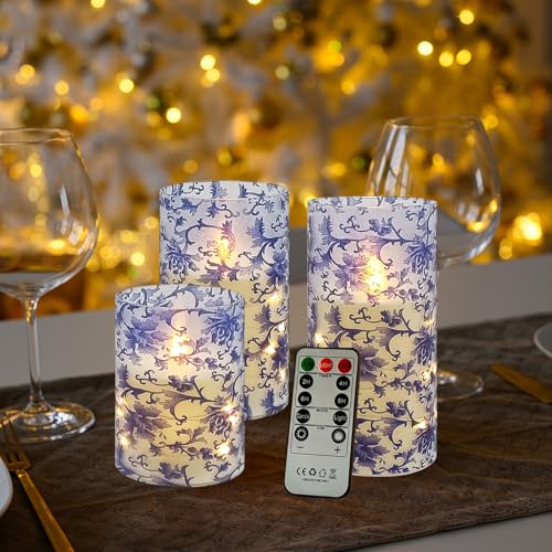 Image of Flickering Flameless Candles Blue and White Porcelain Print, Embedded Star String Lights, Battery Operated Acrylic LED Pillar Candles with 11-Key Remote and Timer for Home Decoration, 3 Pack