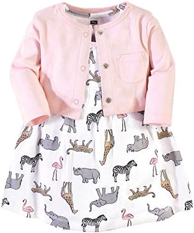 Hudson Baby Infant and Toddler Girl Cotton Dress and Cardigan Set Modern Pink Safari, 12-18 Months