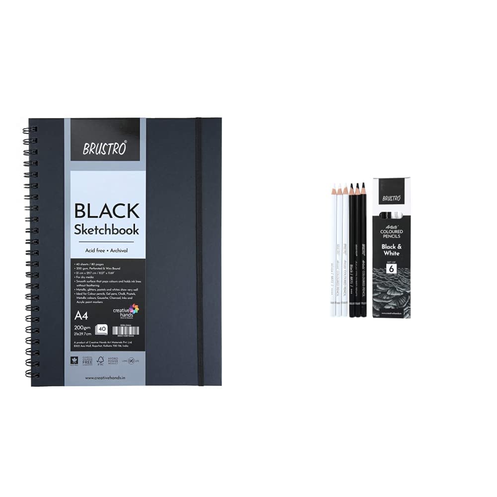 Brustro Black Sketchbook, Wiro Bound, Size A4, 200GSM (40 Sheets) 80 Pages & Brustro Artists’ B