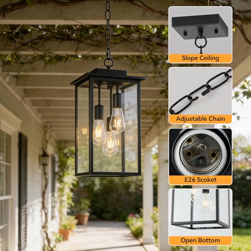 AIBISOD Outdoor Pendant Light Fixture E26 3-Light Modern Black Metal Outside Chandelier Exterior Hanging Fixture Ceiling Mount with Clear Glass for Porch Front Door Entrance Entryway, 1 Pack by AIBISOD - Used condition - Image 3