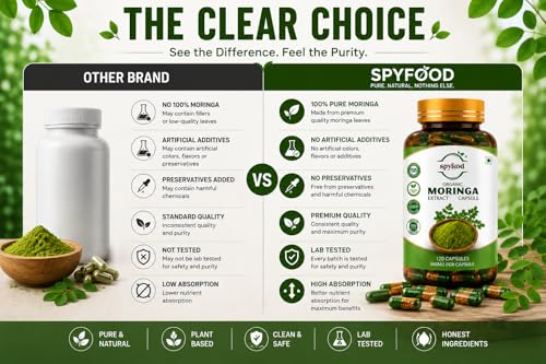 Image of SPYFOOD Organic India Moringa Extract Capsules - 120 Veg Caps, Essential Nutrition Superfood, Helps Naturally Boost Energy Level, Improves Stamina, Rich In Vitamins & Minerals, GMP & NPOP Certified Organic