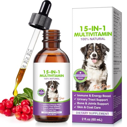 15 in 1 Multivitamintropfen für Hunde, 60 ml tägliche Vitamine für Hunde, hilft bei Hüfte und Gelenken, Immunsystem, Haut, Fell und Darmgesundheit